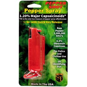 Pepper Shot 1.2% MC 1/2 oz pepper spray hard case belt clip and quick release keychain red