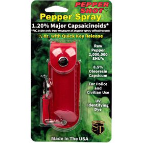 Pepper Shot 1.2% MC 1/2 oz pepper spray leatherette holster and quick release keychain red